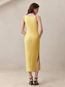 BizChic 2025款奶油黄吊带褶皱腰侧开衩浪漫优雅日常百搭商务休闲连衣裙 - 黃色 - 查看 6
