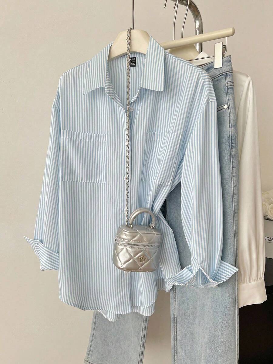 Elamini Áo sơ mi công sở dài tay in sọc có túi cài nút phía trước - Màu xanh lam - Xem 1