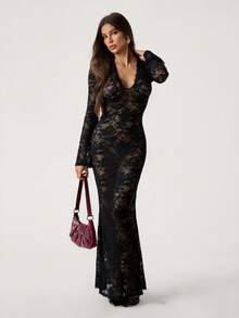 SHEIN Tall Spring Solid Black Lace See-Through Sexy Simple Elegant Deep V-Neck Long Sleeve Ruffles Women Tight Slim Mesh Women Maxi Dress Suitable For Valentine's Day Dress, Party Dress, Romantic Date Dress, Wedding Bridesmaid Dress, Prom Dress, Daily Commuting Dress, Black Dress, Birthday Dress, Autumn And Winter Black Lace Maxi Dress Black Lace Bodysuit Long Sleeve Lace Dress Night Out Dress Long Black Dress