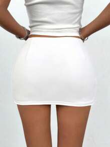 SHEIN PETITE 女士性感纯色紧身迷你裙，夏季 - 白色 - 查看 2