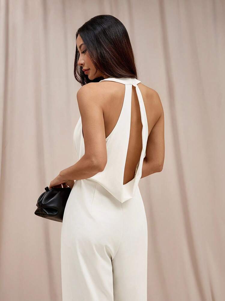 SHEIN PETITE 女士纯色露背无袖连体裤 - 白色 - 查看 1