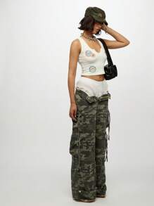 SUMWON WOMEN Notch Neck Crop Tank Top Badge Print Ribbed Summer Y2K Streetwear Retro Soda Pop Art Vintage Inspired Festival Sleeveless Vest - White - View 4