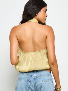 AiiRZ Áo crop top cổ yếm màu vàng ánh kim, dự tiệc tối, mặc trong các dịp lễ hội, mùa hè, áo cánh không tay có chi tiết xếp nếp cổ cao - màu xanh lá - Xem 2