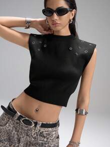 LYSMO Decorazione in metallo nero minimalista, spalle larghe, colletto alto piccolo, stile old money, abbigliamento da ufficio per donna, comodo e casual, versatile per pendolarismo e campus - nero - Visualizzare 7