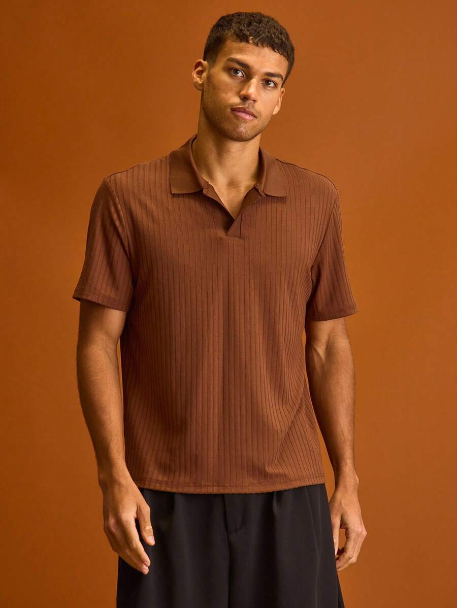 Musero Men Ribbed Short Sleeve Buttonless Polo Shirt Summer Holiday Vacation - Coral Orange - View 1