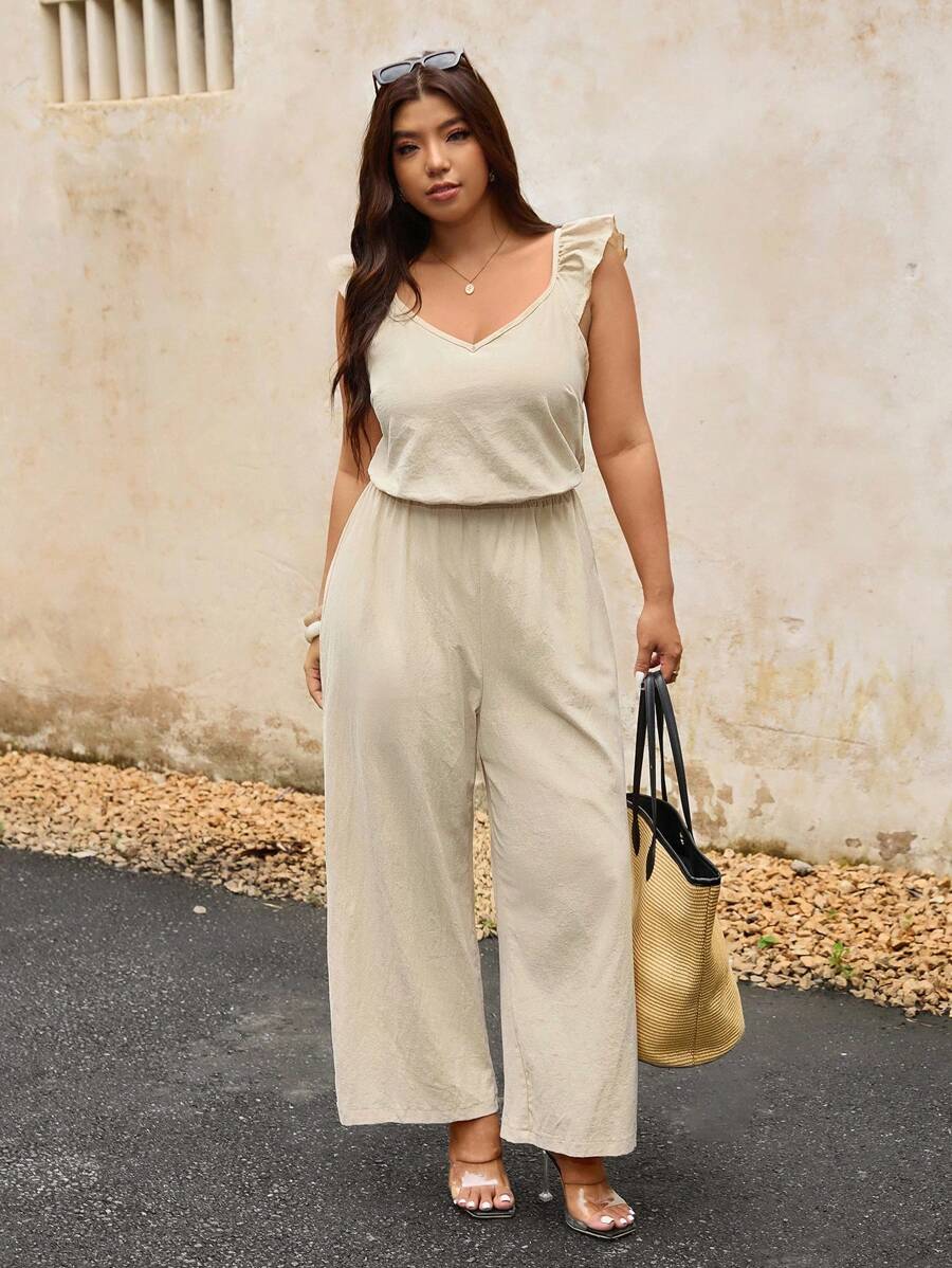 Elaquor Plus Size Solid Color Backless Jumpsuit, Casual Holiday Style - Apricot - View 1