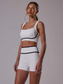 Musera Sport 运动圆领粗肩带撞色滚边运动文胸，适合健身房、夏季、板式网球俱乐部、健身房等场所穿着。 - 黑與白 - 查看 3