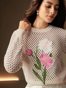 Anewsta French Elegant Dignified Ornate Floral Embroidery Hollow Out Crew Neck Sweater, Autumn/Winter Knit Pullover Fall - White - View 3