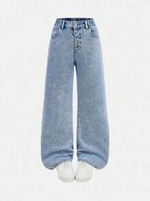 2 件套青少年女孩男女通用直筒牛仔裤，灰色和蓝色水洗，适合学校、周末、学习班