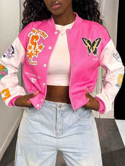 Slaydiva Chaqueta de sudadera con estampado de gráficos y letras lindos para mujer, de manga corta, para festivales de música, graduación y uso casual, nuevos modelos de otoño/invierno 2025 - Rosa