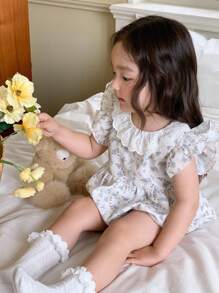 DAZY 女婴夏季休闲碎花荷叶边连体衣 幼儿女童服装 - 杏色 - 查看 6