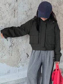 DAZY Tween Girls Hooded Solid Color Utility Pocket Padded Coat Winter - Black - View 7