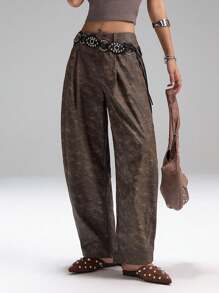 LYSMO 女式褶皱扎染喇叭裤弹力宽松裤 - 棕色 - 查看 5