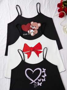 SHEIN 3件套加大码印花吊带背心和短裤睡衣套装 - 彩色 - 查看 4