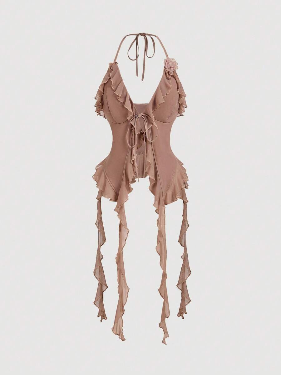 SHEIN MOD Áo cổ yếm ren viền bèo nhún màu hồng bụi lãng mạn và hoa 3D cho nữ mùa hè gợi cảm cho buổi hòa nhạc - Bụi hồng - Xem 1