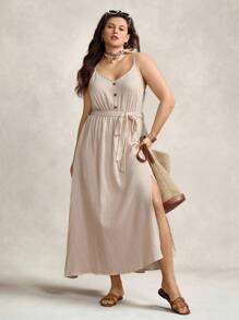 Zelara Plus Size Women's Apricot Textured Fabric Side Split Long Dress Comfortable Cotton Navycore Outfits - Apricot - View 6