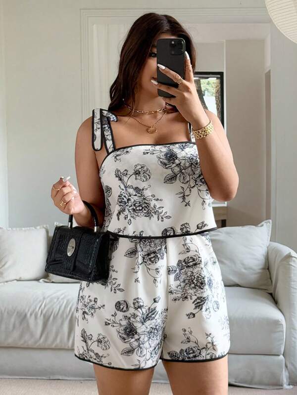 Franclia Plus Size Women's French Style Floral Print Casual Jumpsuit, Summer