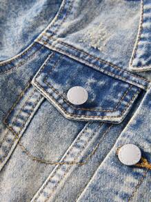 SHEIN Baby Boy Distressed Denim Jacket Light Blue,Autumn,Street Life Casual Graphic Street Fashion,Back-To-School Vintage Urban Loose Fit Ripped Jacket - Medium Wash - View 7