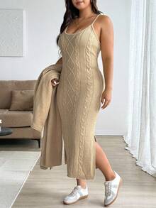 Easura Robe-pull long en tricot torsadé pour femmes grandes tailles, automne/hiver. Cardigan-pull à manches longues, décontracté chic. Convient pour la sortie, les vacances, les fêtes - Kaki - Voir 3