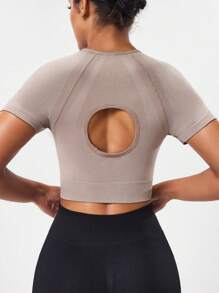 Easithlete Áo thun thể thao tay ngắn cổ tròn liền mạch màu trơn thời trang mùa hè - Màu Khaki - Xem 2