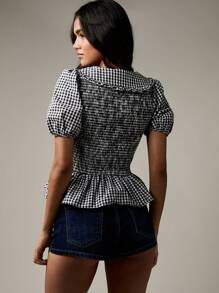 MISSGUIDED Gingham Check Smocked Blouse Puff Sleeve Peter Pan Collar Summer Spring Cottage Core Vintage Inspired Ruffle Peplum Top - Black and White - View 2