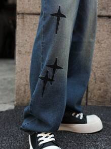 Major Grit Manfinity Streetrush Korean Style Straight Leg Loose Jeans With Embroidery, Street Fashion Men Baggy Jeans - Blue - View 4