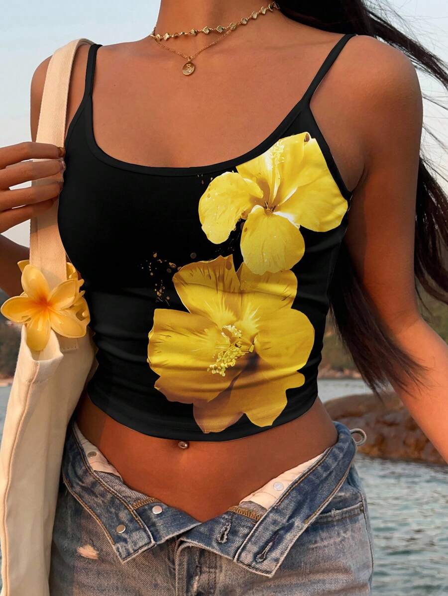 SHEIN EZwear 复古风格热带花卉图案性感吊带背心，适合夏季 - 彩色 - 查看 1