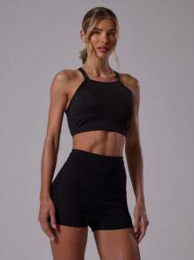 Musera Sport 运动交叉肩带修身露脐吊带背心，适合运动健身、夏季板式网球俱乐部和健身房穿着。 - 黑色 - 查看 1