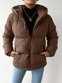 SHEIN Damen einfarbiger Mantel mit Kapuze, Langarm, lässig, locker, gesteppt, für den Winter