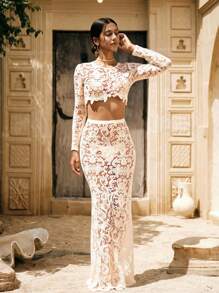 Swim Chiccia 女式波西米亚风蕾丝边罩衫和裙子两件套，长袖，优雅休闲，适合春夏海滩度假派对，象牙色，全白派对装 - 白色 - 查看 7