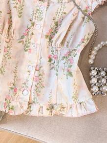 SHEIN LUNE 女士印花纽扣荷叶边领度假衬衫 - 粉色 - 查看 3