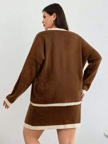 EURMUSE Contrast Trim Drop Shoulder Cardigan & Knit Skirt - Camel - View 2