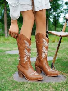 Styleloop New Women Western Boots Classic Fashion Embroidered Chunky Heel Mid-Calf Riding Boots - Brown - View 2