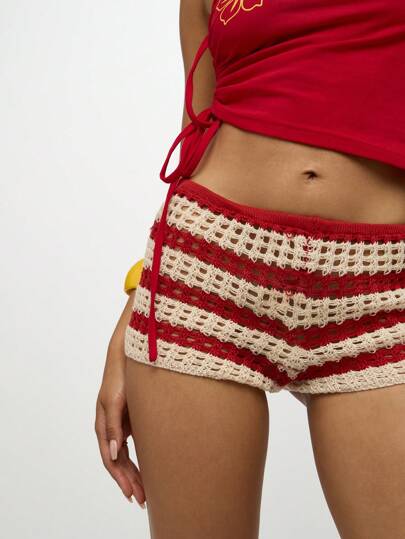 SUMWON WOMEN Crochet Stripe Beach Booty Shorts Handmade Crochet High Waist Hot Pants Beachwear Festival Honeymoon Island Summer Hawaiian Holiday Swimsuit Cover Up Knit Short