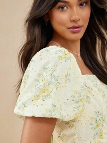 WESTFADE Floral Print Square Neck Ruffle Hem Summer Short Sleeve Dress - Yellow - View 4