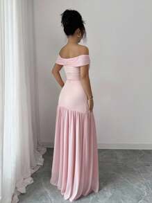 Elenzga Women's Off Shoulder Elegant Contrast Mesh Dress, Summer - Pink - View 2