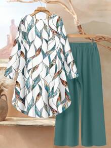 Rusticease Women Casual Elegant Loose Fit Round Neck Long Sleeve Top And Pants Set, Summer Set, Leaf Print Pants Sets For Women Blouse And Pants Set Summer Pants Sets For Women Shirt And Pants Set Two Piece Pants Set Women Autumn And Winter - Multicolor - View 2