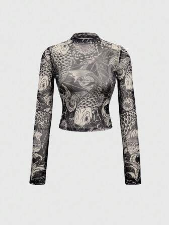 Grunge Punk Y2K Style Sexy Tight Mesh Top With Carp Fish Scale All-Over Print