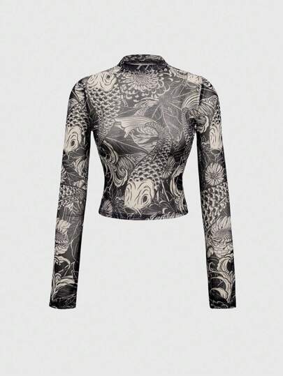 レゲエ MASH UP MASH UP POLLY T / Heavenless Our Grunge Punk Y2K Style Sexy Tight Mesh Top With Carp Fish