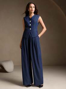 Anewsta 优雅法式女装两件套：无袖背心和阔腿裤 - 藍色 - 查看 6