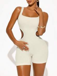 Sirith Seamless Solid Color Hollow-Out Waist Contrast Color Tight Jumpsuit - Beige - View 4