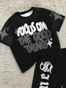 SHEIN Bolty 2pcs/Set Tween Boy Casual Minimalist "Focus On The Good Things" Short Sleeve Round Neck Outfit, Suitable For Summer - Multicolor - View 4