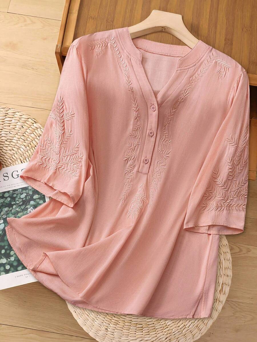 EMERY ROSE Blusa casual de manga 3/4 con bordado para mujer talla grande, de verano y otoño, para vacaciones, en color rosa, sencilla y de moda para uso diario, con vibras de vacaciones, para primavera, uso casual, estilo bohemio, cómoda y transpirable, para salir - Rosa - Ver 1