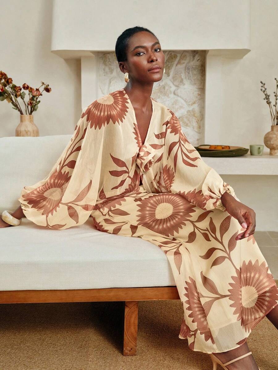 Aveloria Women Floral Print Chiffon Loose Two Pieces Set, Bat Wing Sleeves, Casual & Suitable For Holiday, 2pcs Women Chiffon Top & Vintage Floral Print Skirt Set, Bohemian Holiday Outfit Fall Women Clothes Fall Outfits Women Fall Autumn Clothes - Apricot - View 1