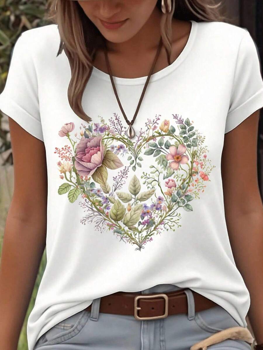 EMERY ROSE 植物与花卉图案圆领短袖时尚大码T恤 - 白色 - 查看 1