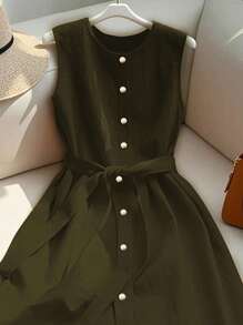 Franclia Simple Solid Color Front Button Sleeveless Tank Dress, Summer Summer Dress Clothes For University - Army Green - View 3