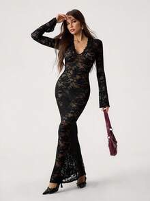 SHEIN Tall Spring Solid Black Lace See-Through Sexy Simple Elegant Deep V-Neck Long Sleeve Ruffles Women Tight Slim Mesh Women Maxi Dress Suitable For Valentine's Day Dress, Party Dress, Romantic Date Dress, Wedding Bridesmaid Dress, Prom Dress, Daily Commuting Dress, Black Dress, Birthday Dress, Autumn And Winter Black Lace Maxi Dress Black Lace Bodysuit Long Sleeve Lace Dress Night Out Dress Long Black Dress