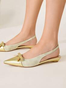 CUCCOO CHICEST Women's Classic Floral Scarf Print Pointed Toe Flat Shoes, Color Block Bow Decor Elegant Flat Sandals, Suitable For Work, Dates, Afternoon Tea, Versatile - Gold - View 5