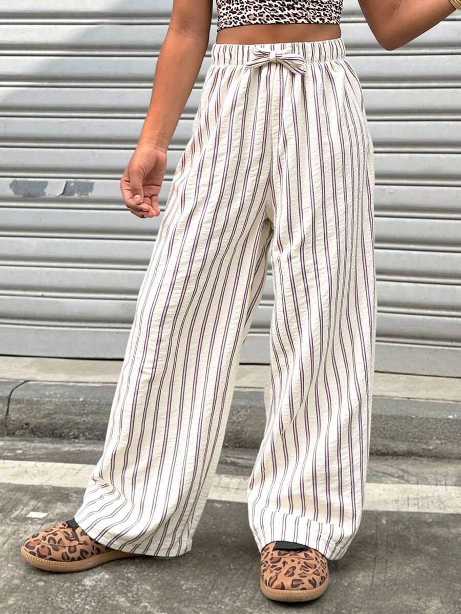 Pantalón ancho casual de rayas para niña joven - Multicolor - Ver 1
