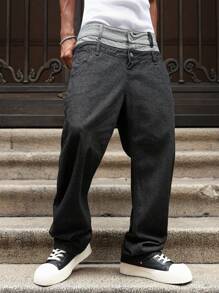PAVTROS Manfinity Streetrush Men's Black Wide Waistband Material Reverse Car Design Loose Straight Pants, Spring/Summer Baggy Jeans Men Wide Leg - Black - View 5